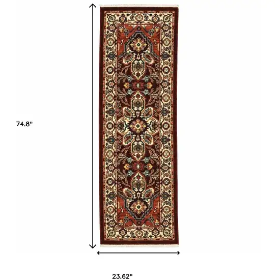 2' X 6' Red Ivory Orange And Blue Oriental Power Loom Stain Resistant Runner Rug With Fringe Photo 3