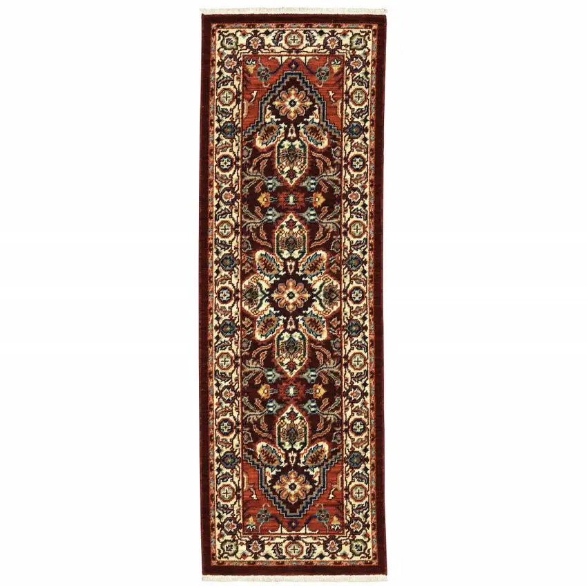 Red Ivory Orange And Blue Oriental Power Loom Stain Resistant Runner Rug With Fringe Photo 2