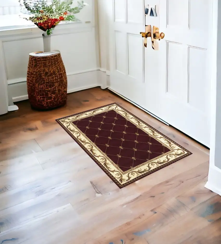 2'X3' Red Machine Woven Hand Carved Fleur De Lis Indoor Accent Rug Photo 1