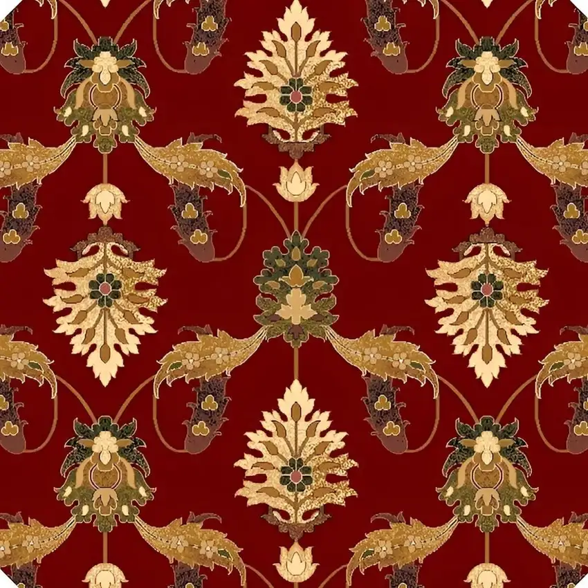 8' Red Beige And Brown Floral Vines Octagon Rug Photo 5