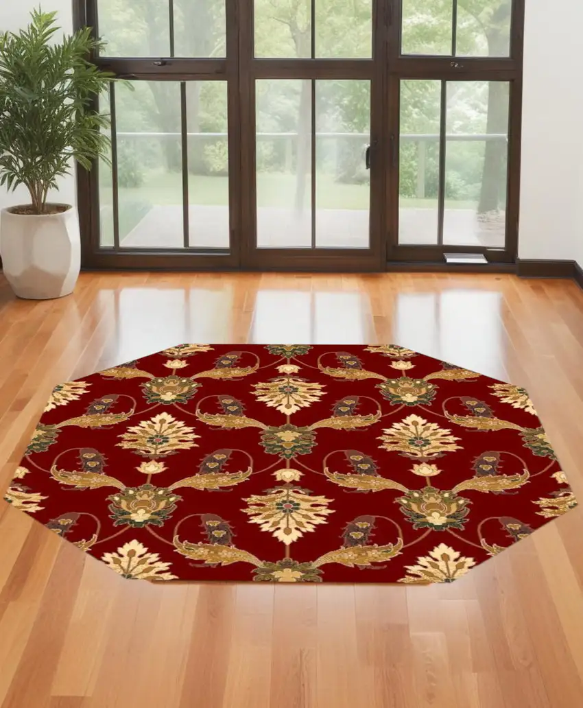Red Octagon Floral Vines Area Rug Photo 1