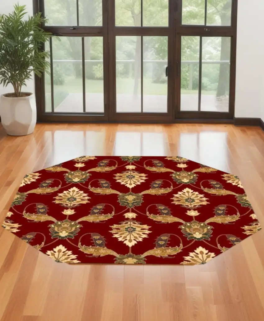 Red Octagon Floral Vines Area Rug Photo 2