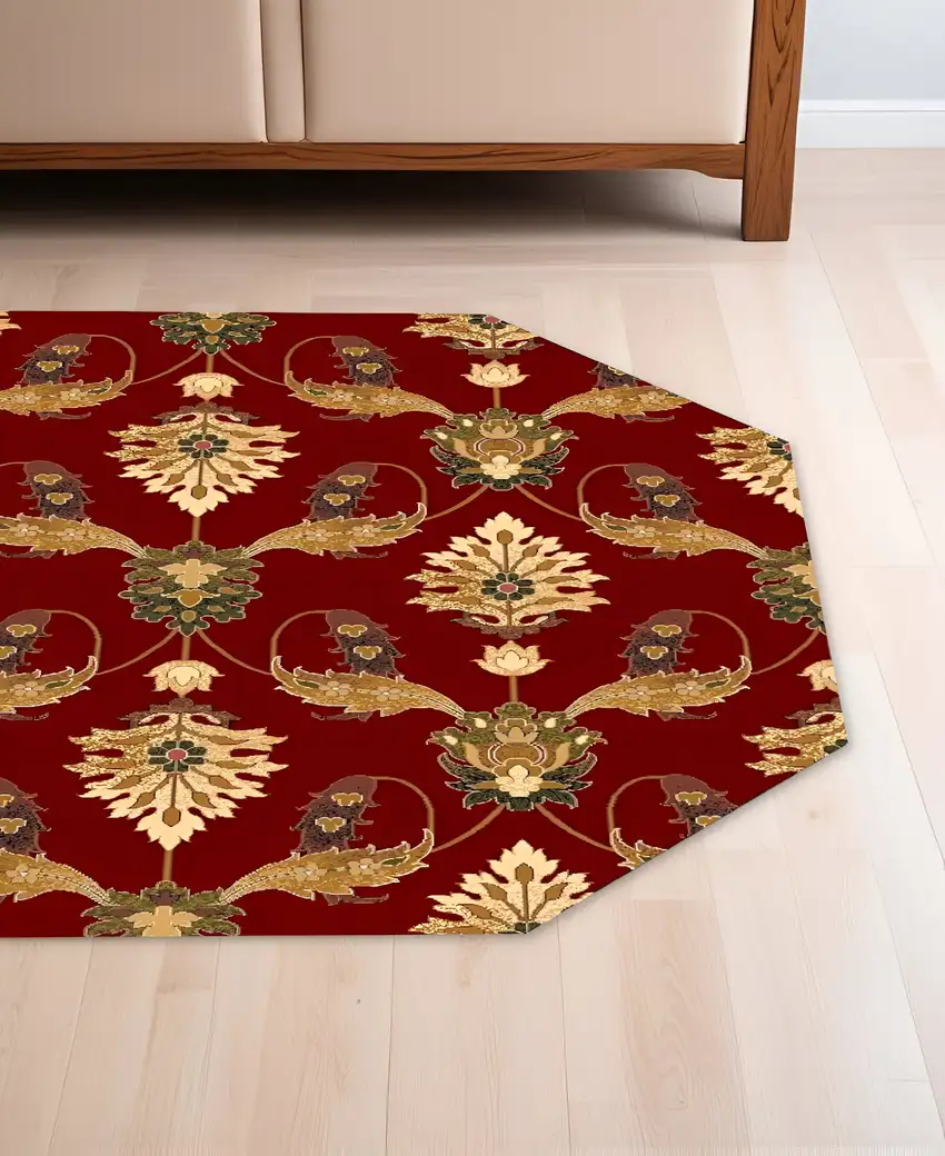 8' Red Beige And Brown Floral Vines Octagon Rug Photo 2