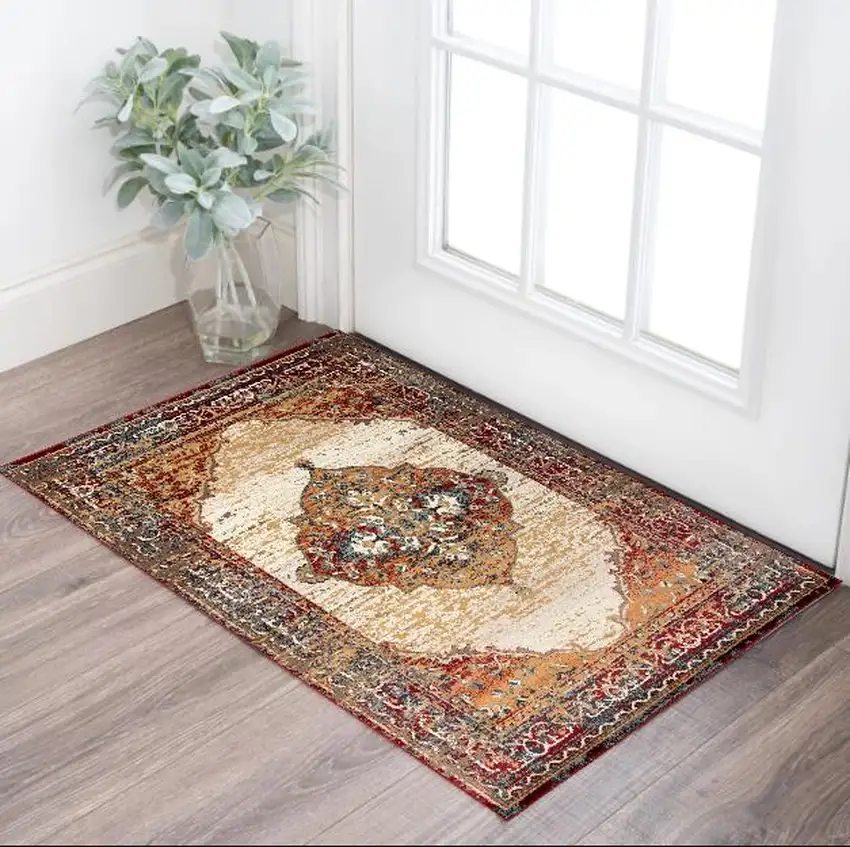 Ivory Red and Orange Medallion Power Loom Area Rug Photo 1