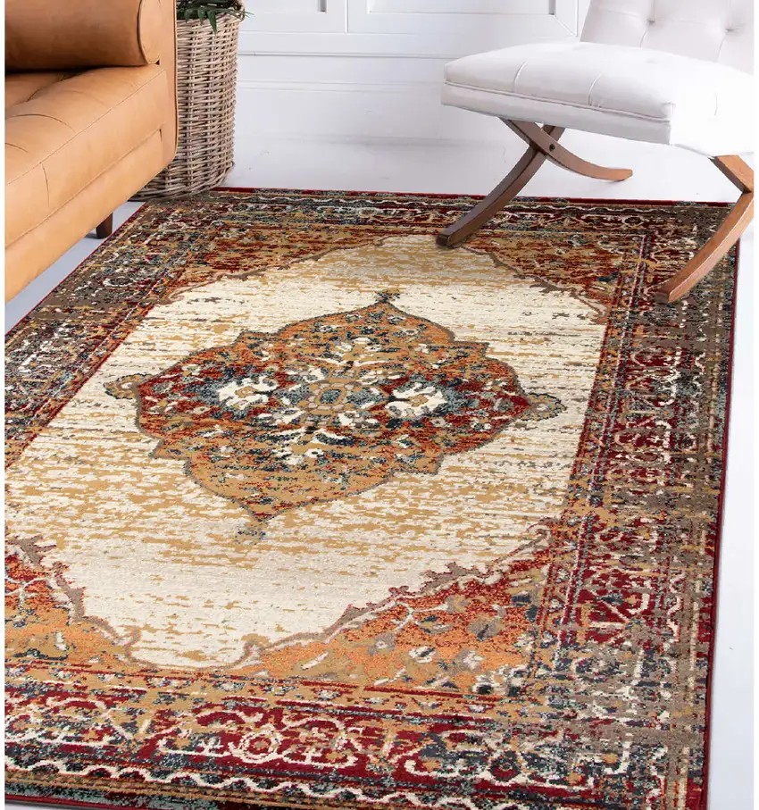 Red Medallion Power Loom Area Rug Photo 5
