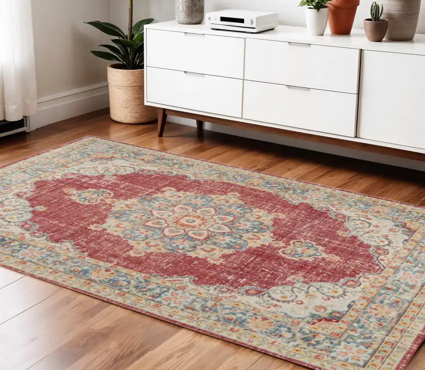 Orange Red and Gold Medallion Power Loom Area Rug Photo 1
