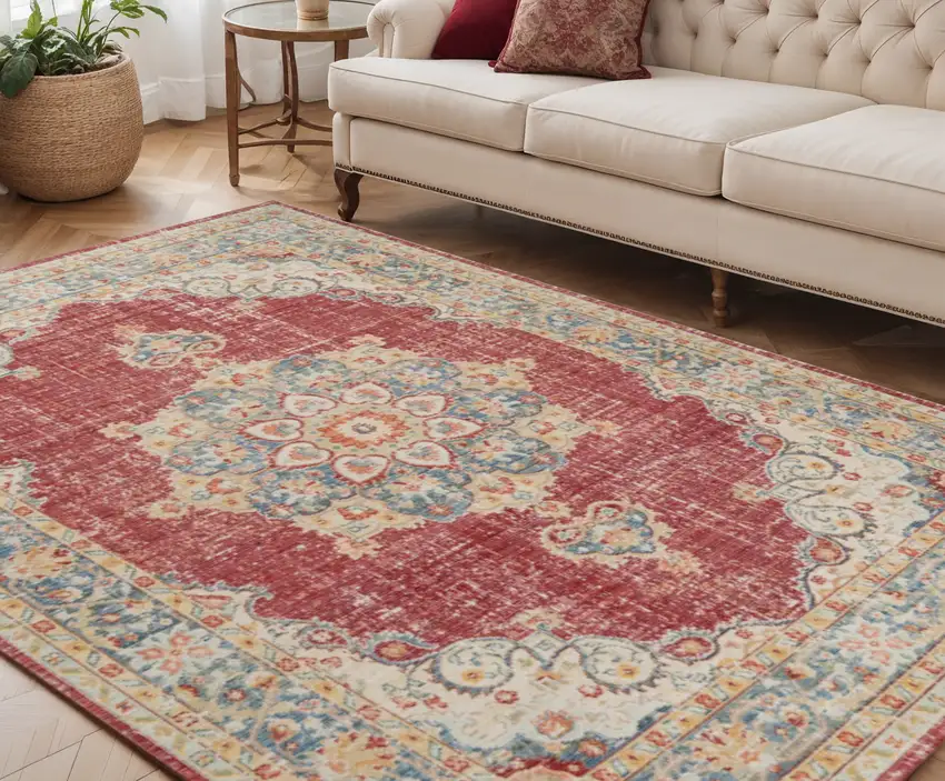 Orange Red and Gold Medallion Power Loom Area Rug Photo 1
