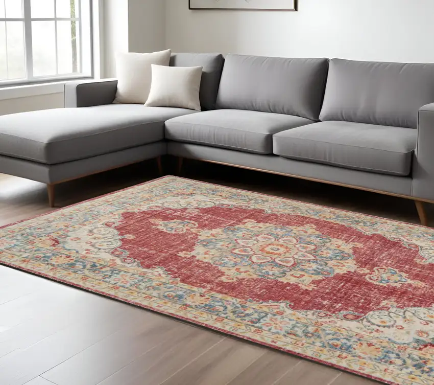 Orange Red and Gold Medallion Power Loom Area Rug Photo 1