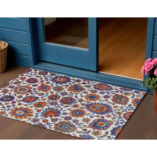 Red Navy Blue And Ivory Floral Medallion Washable Indoor Outdoor Area Rug Photo 2