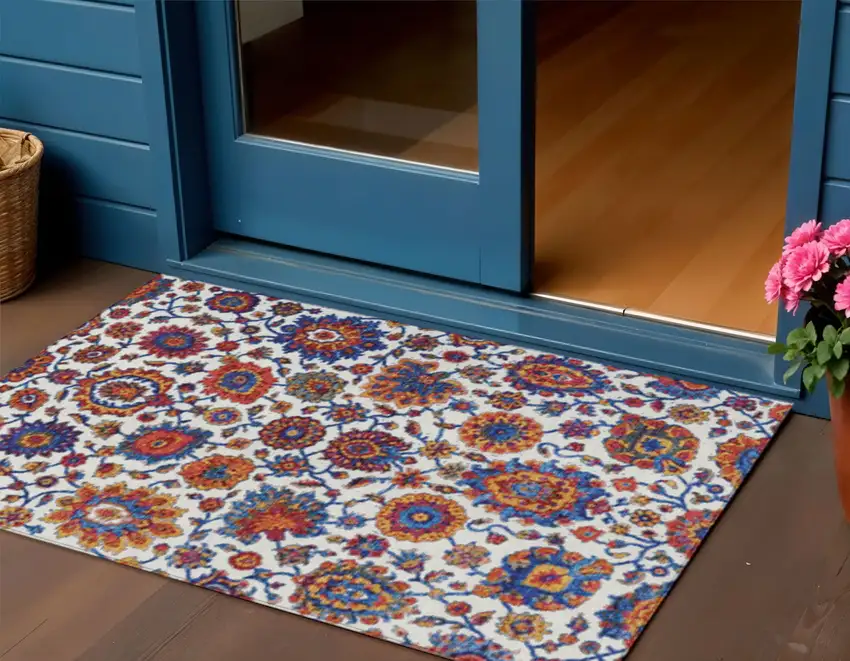 Red Navy Blue And Ivory Floral Medallion Washable Indoor Outdoor Area Rug Photo 2