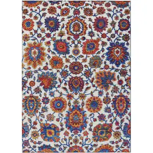 Photo of Red Navy Blue And Ivory Floral Medallion Washable Indoor Outdoor Area Rug