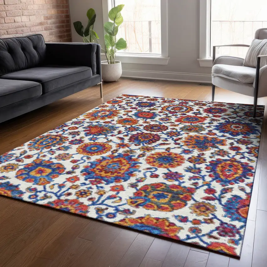 Red Navy Blue And Ivory Floral Medallion Washable Indoor Outdoor Area Rug Photo 9