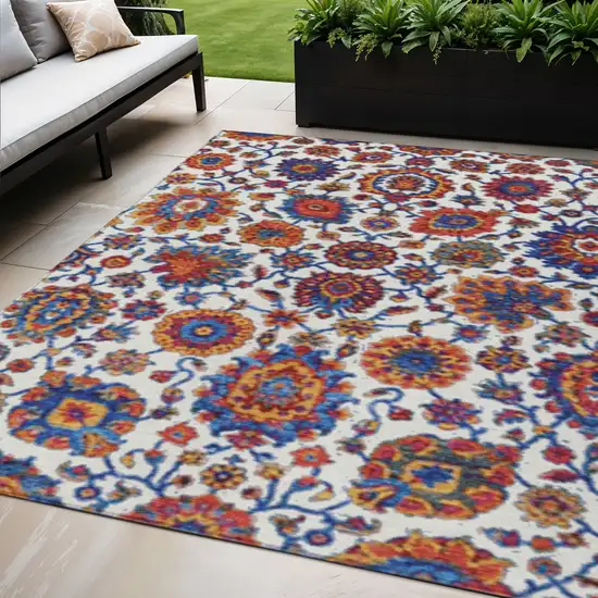Red Navy Blue And Ivory Floral Medallion Washable Indoor Outdoor Area Rug Photo 2