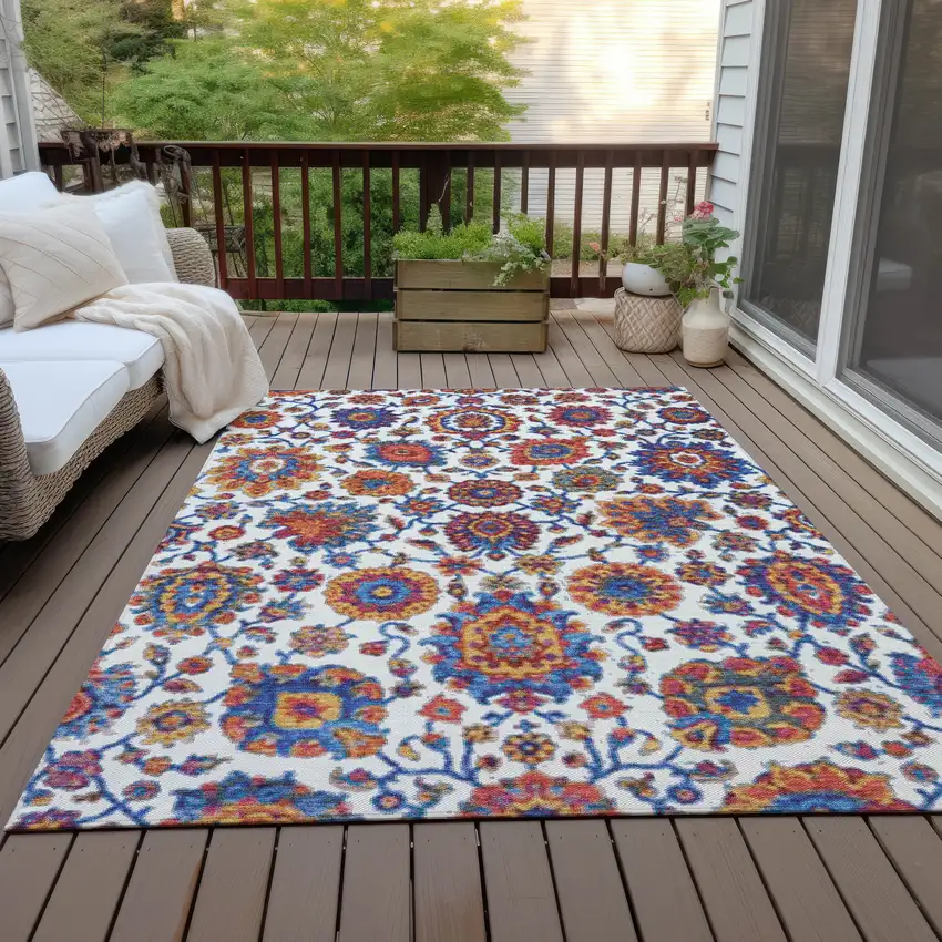 Red Navy Blue And Ivory Floral Medallion Washable Indoor Outdoor Area Rug Photo 9