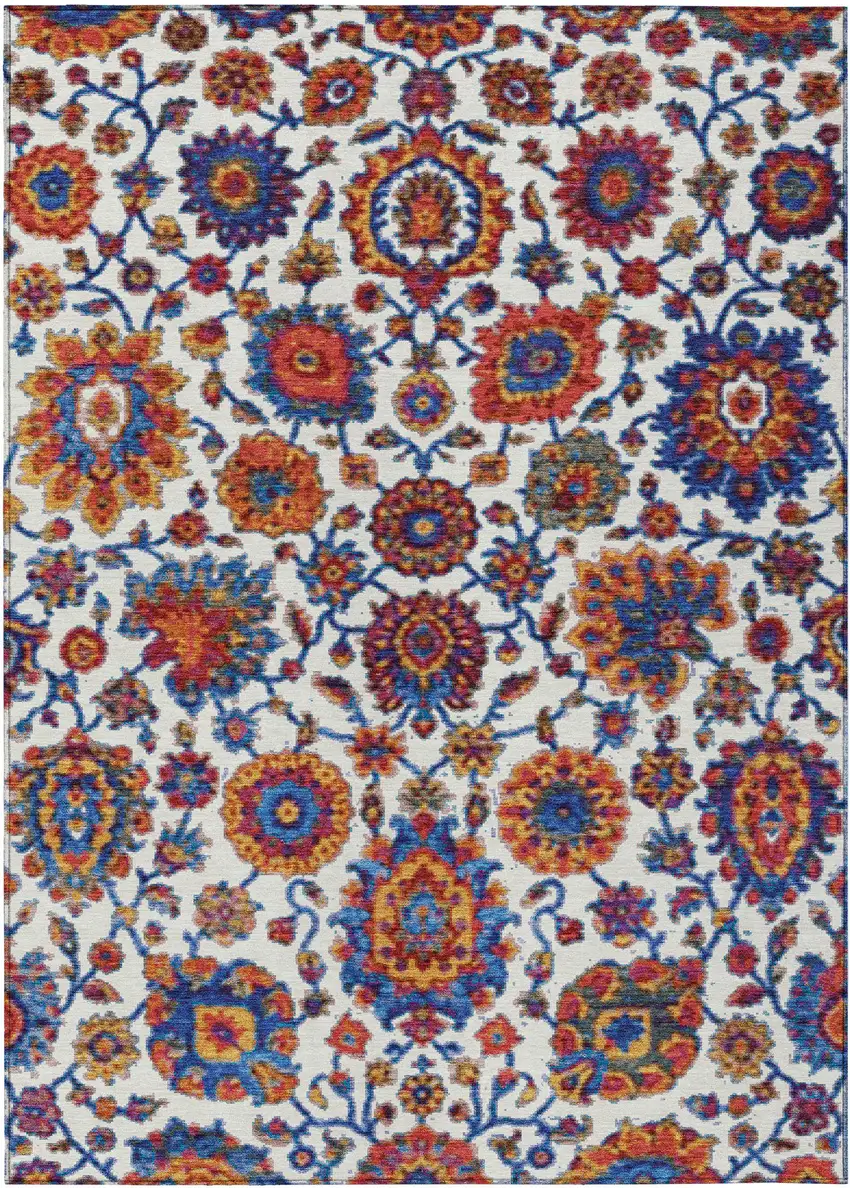 Red Navy Blue And Ivory Floral Medallion Washable Indoor Outdoor Area Rug Photo 1