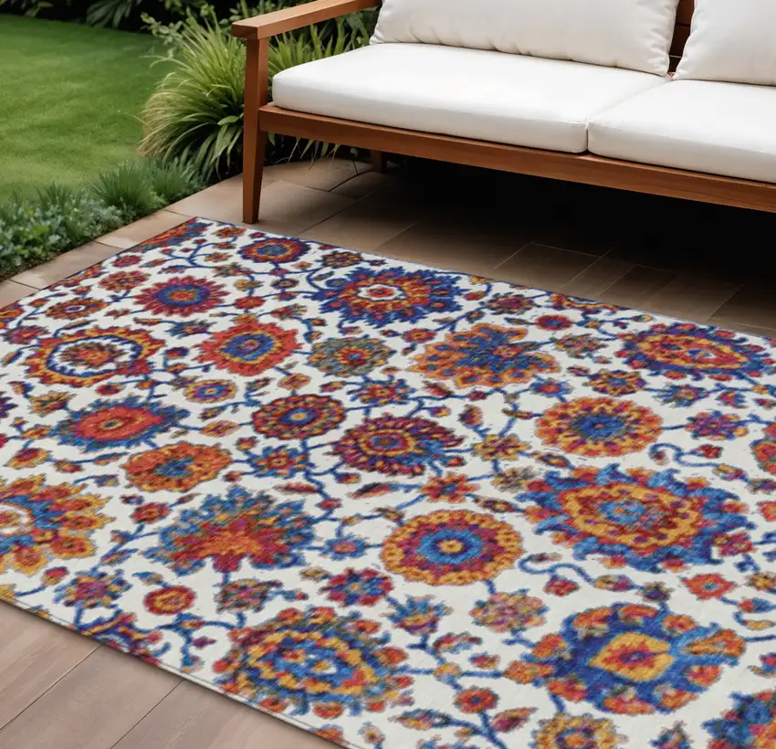 Red Navy Blue And Ivory Floral Medallion Washable Indoor Outdoor Area Rug Photo 2