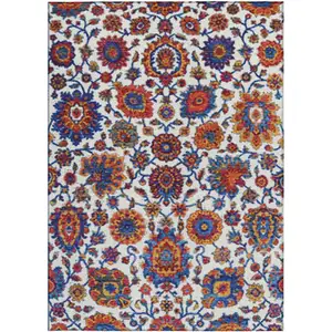 Photo of Red Navy Blue And Ivory Floral Medallion Washable Indoor Outdoor Area Rug