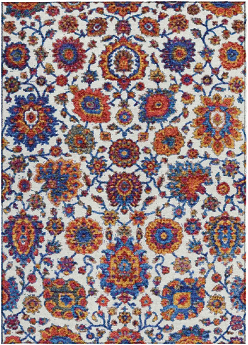 Red Navy Blue And Ivory Floral Medallion Washable Indoor Outdoor Area Rug Photo 1