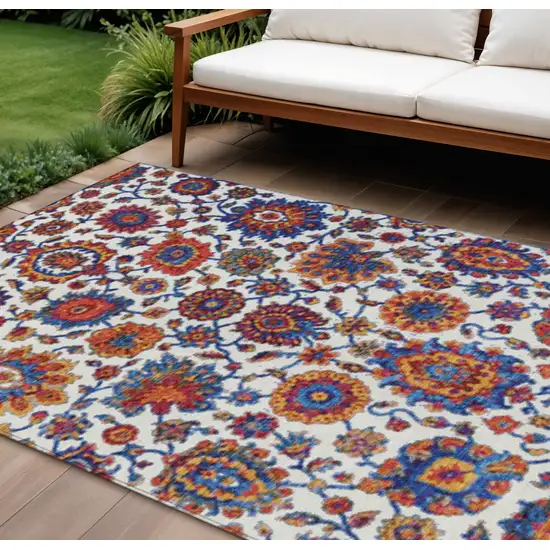 Red Navy Blue And Ivory Floral Medallion Washable Indoor Outdoor Area Rug Photo 2