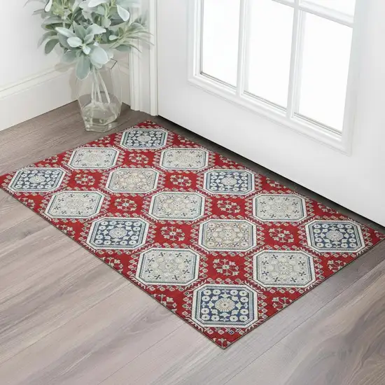Red Navy Blue And Ivory Floral Washable Area Rug With UV Protection Photo 2