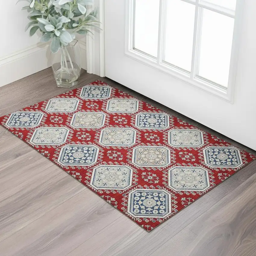 Red Navy Blue And Ivory Floral Washable Area Rug With UV Protection Photo 2
