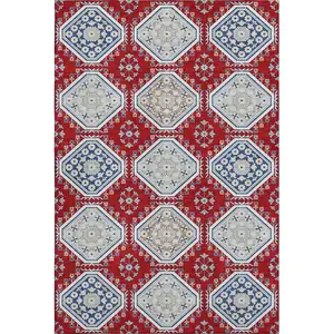 Photo of Red Navy Blue And Ivory Floral Washable Area Rug With UV Protection