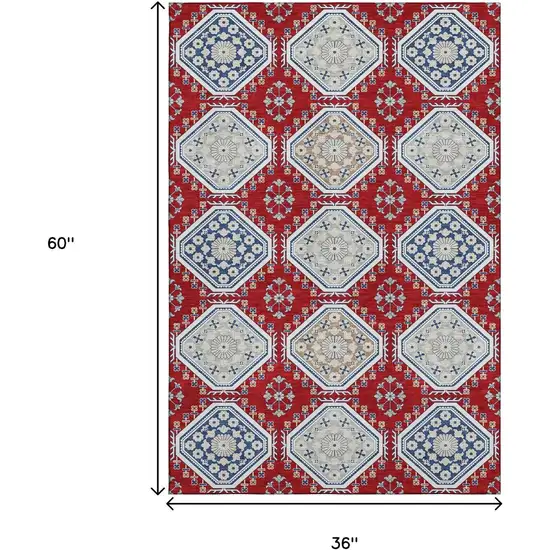 Red Navy Blue And Ivory Floral Washable Area Rug With UV Protection Photo 3