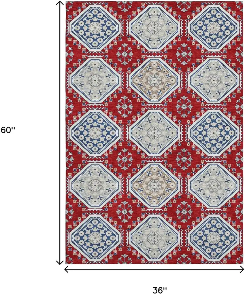 Red Navy Blue And Ivory Floral Washable Area Rug With UV Protection Photo 3
