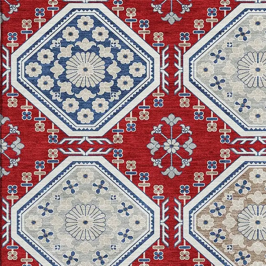 Red Navy Blue And Ivory Floral Washable Area Rug With UV Protection Photo 2