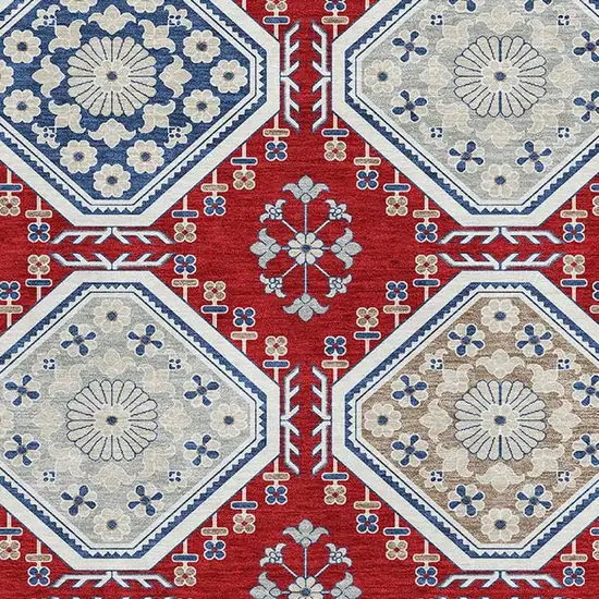 Red Navy Blue And Ivory Floral Washable Area Rug With UV Protection Photo 2