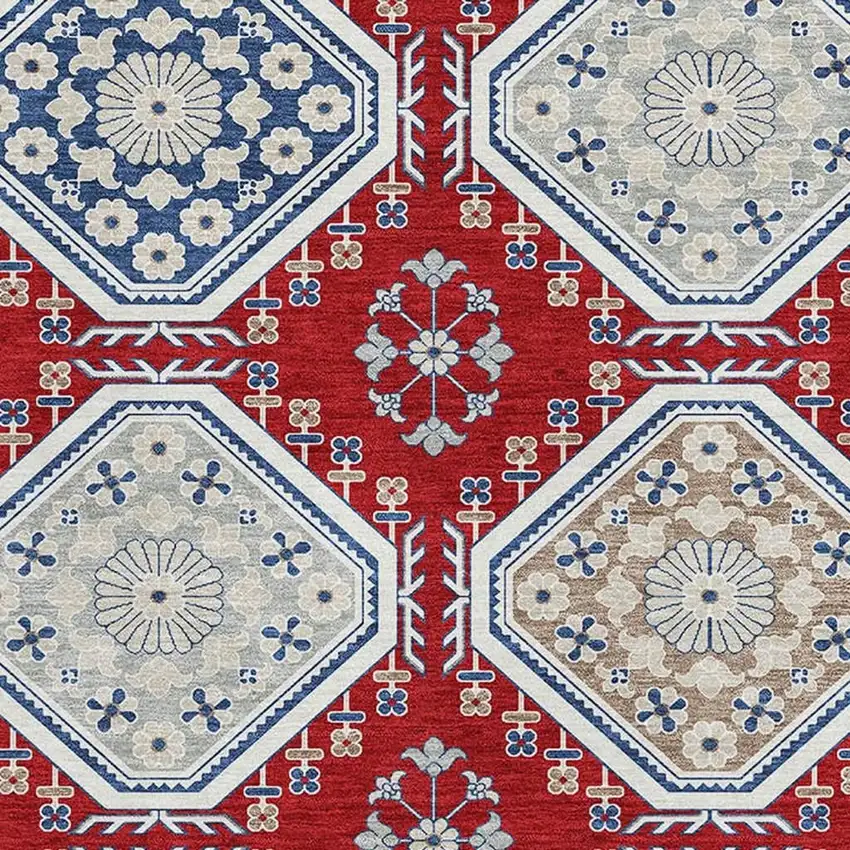 Red Navy Blue And Ivory Floral Washable Area Rug With UV Protection Photo 2