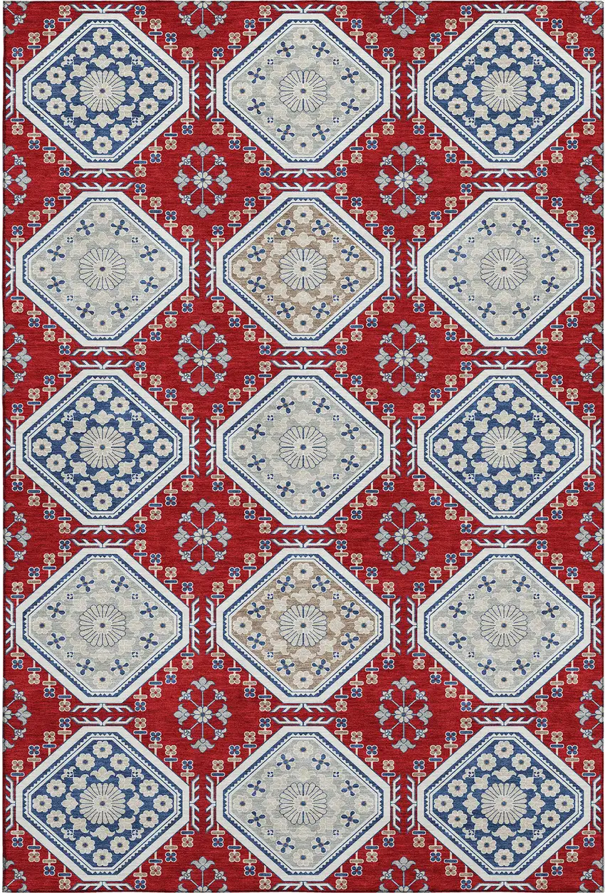 Red Navy Blue And Ivory Floral Washable Area Rug With UV Protection Photo 1