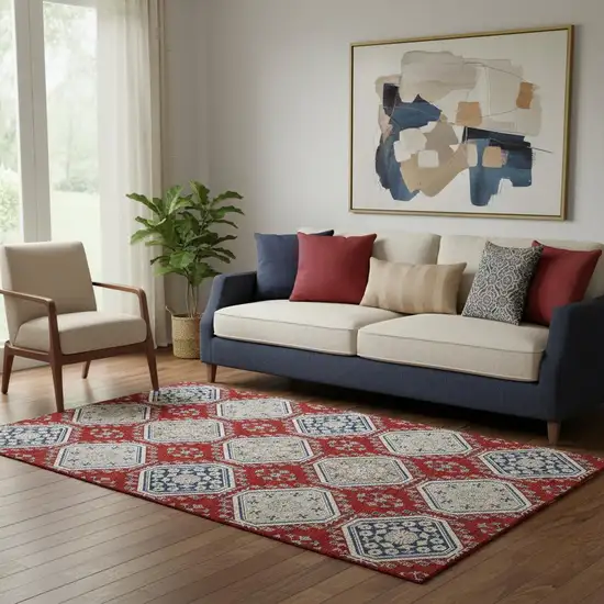 Red Navy Blue And Ivory Floral Washable Area Rug With UV Protection Photo 2