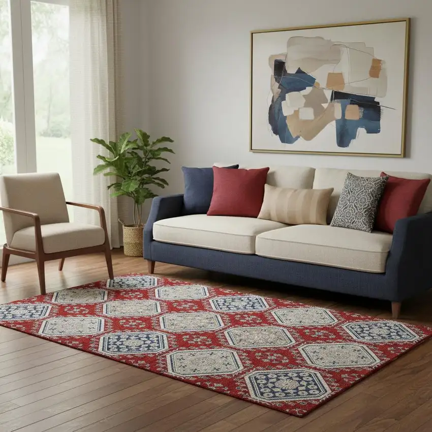 Red Navy Blue And Ivory Floral Washable Area Rug With UV Protection Photo 2