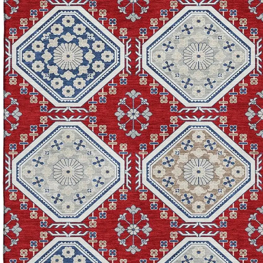 Red Navy Blue And Ivory Floral Washable Area Rug With UV Protection Photo 3
