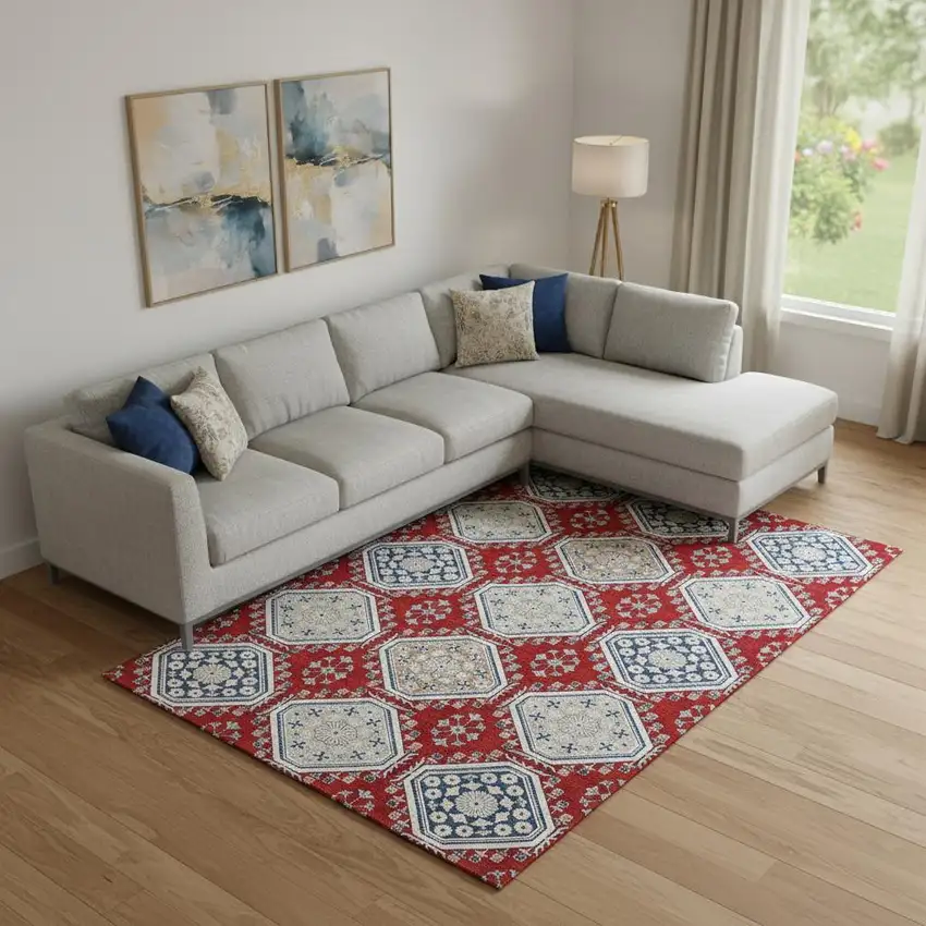 Red Navy Blue And Ivory Floral Washable Area Rug With UV Protection Photo 2