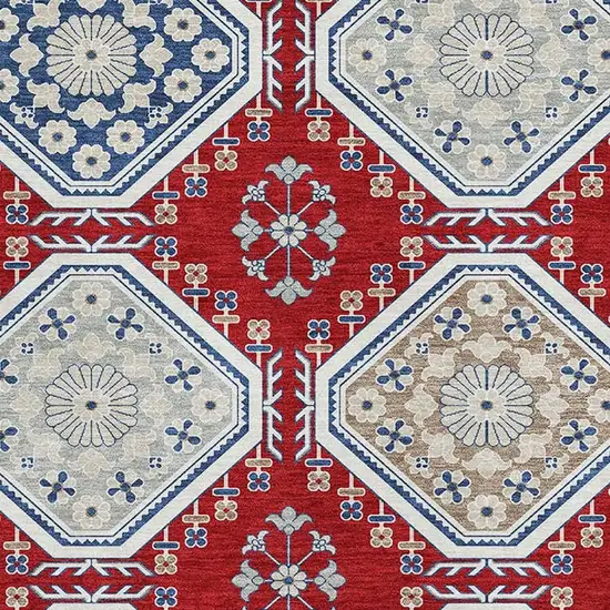 Red Navy Blue And Ivory Floral Washable Area Rug With UV Protection Photo 2