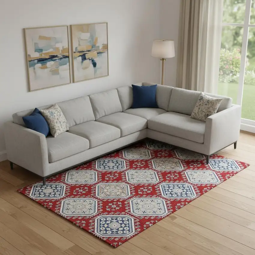 Red Navy Blue And Ivory Floral Washable Area Rug With UV Protection Photo 2