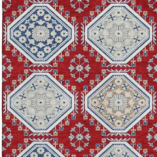 Red Navy Blue And Ivory Floral Washable Area Rug With UV Protection Photo 3