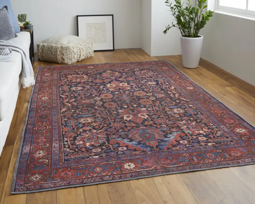 Red Orange And Blue Floral Power Loom Area Rug Photo 7