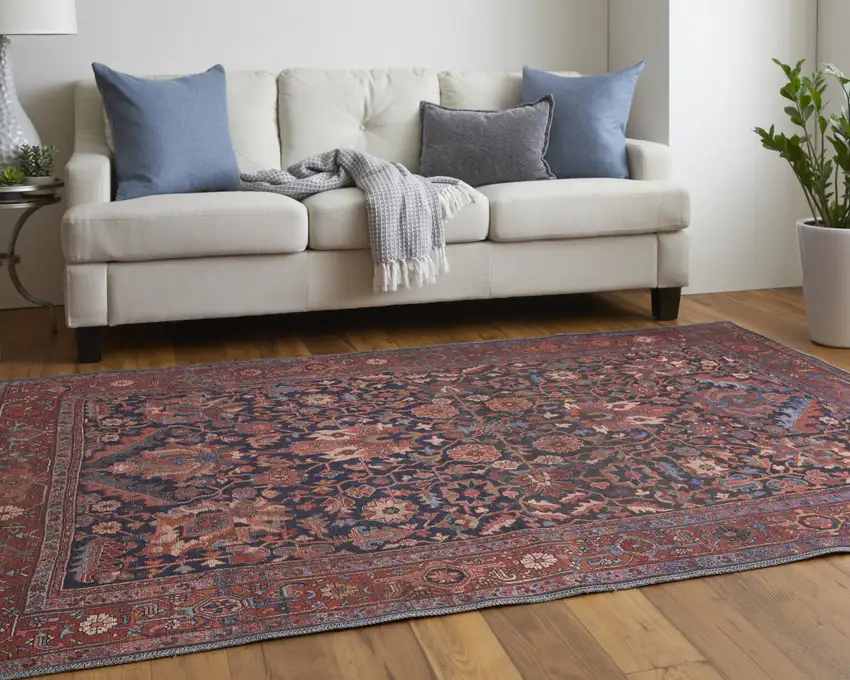 Red Orange And Blue Floral Power Loom Area Rug Photo 9