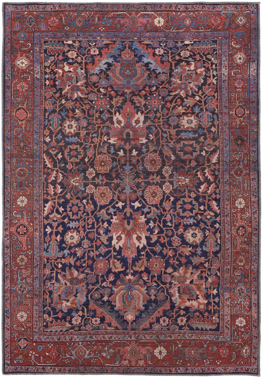 Red Orange And Blue Floral Power Loom Area Rug Photo 1