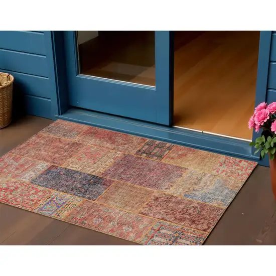 Red Orange And Blue Patchwork Washable Indoor Outdoor Area Rug Photo 1