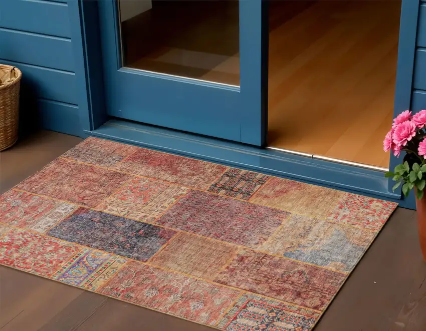 Red Orange And Blue Patchwork Washable Indoor Outdoor Area Rug Photo 1