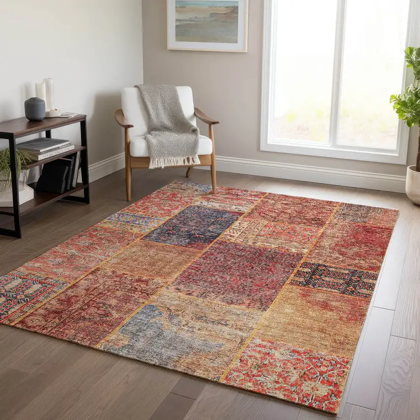 Red Orange And Blue Patchwork Washable Indoor Outdoor Area Rug Photo 9