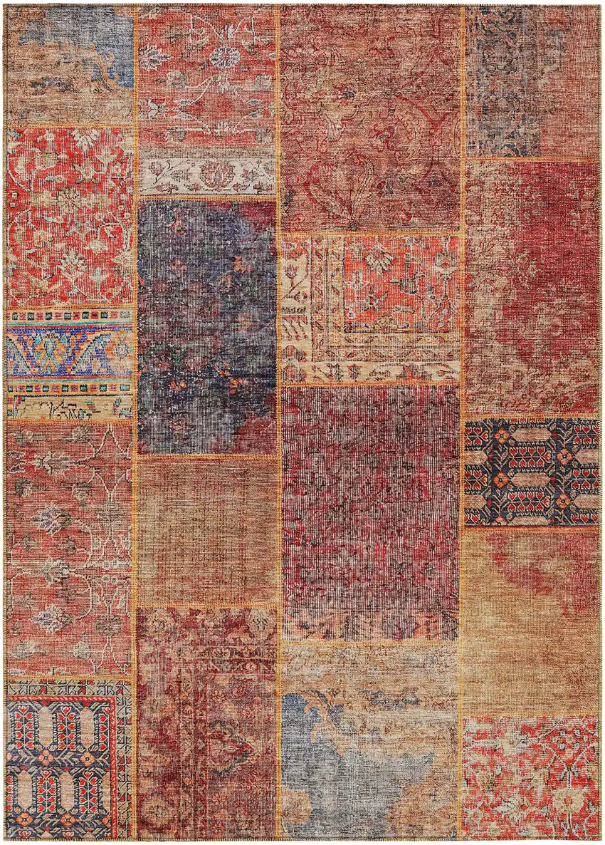 Red Orange And Blue Patchwork Washable Indoor Outdoor Area Rug Photo 2