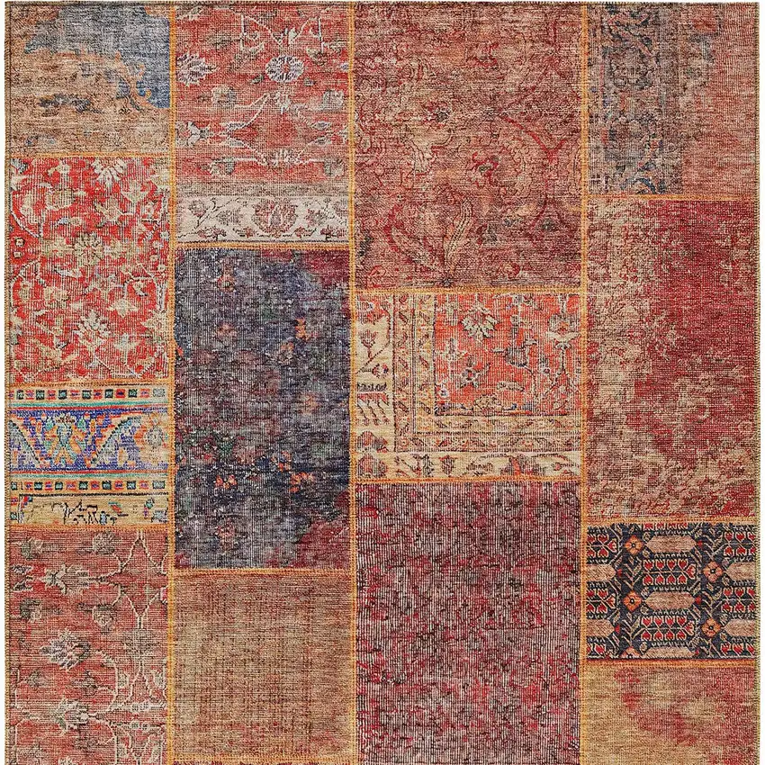 Red Orange And Blue Patchwork Washable Indoor Outdoor Area Rug Photo 8