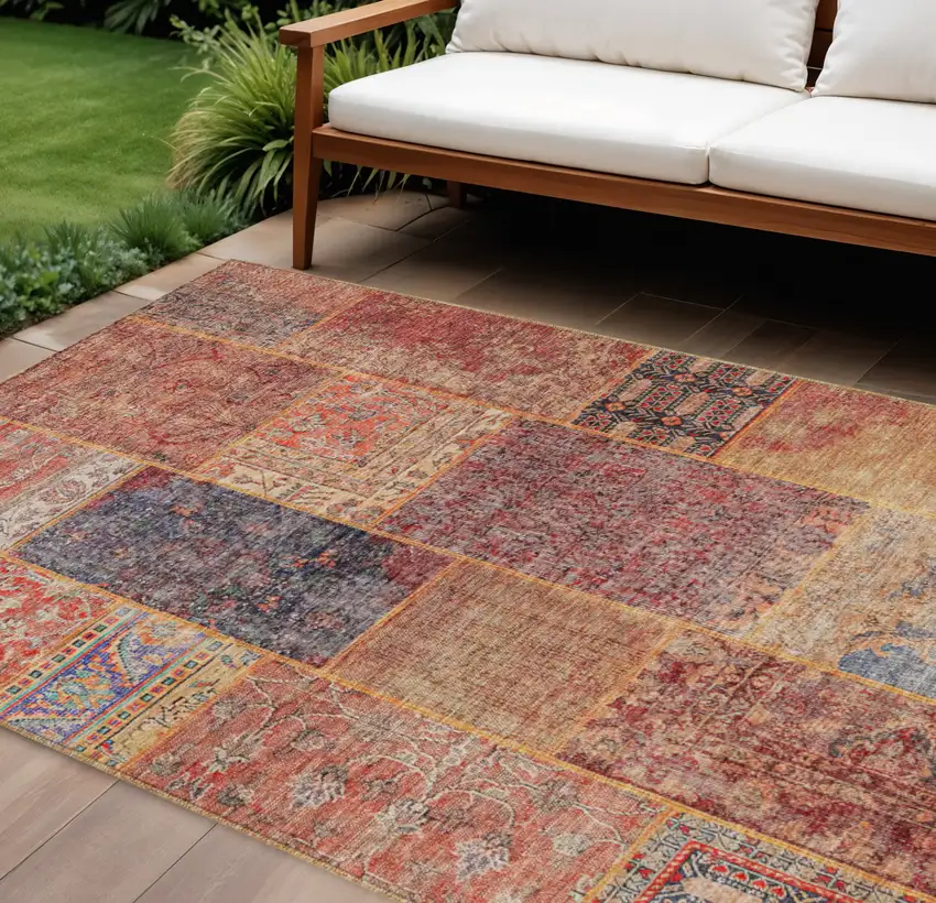 Red Orange And Blue Patchwork Washable Indoor Outdoor Area Rug Photo 1