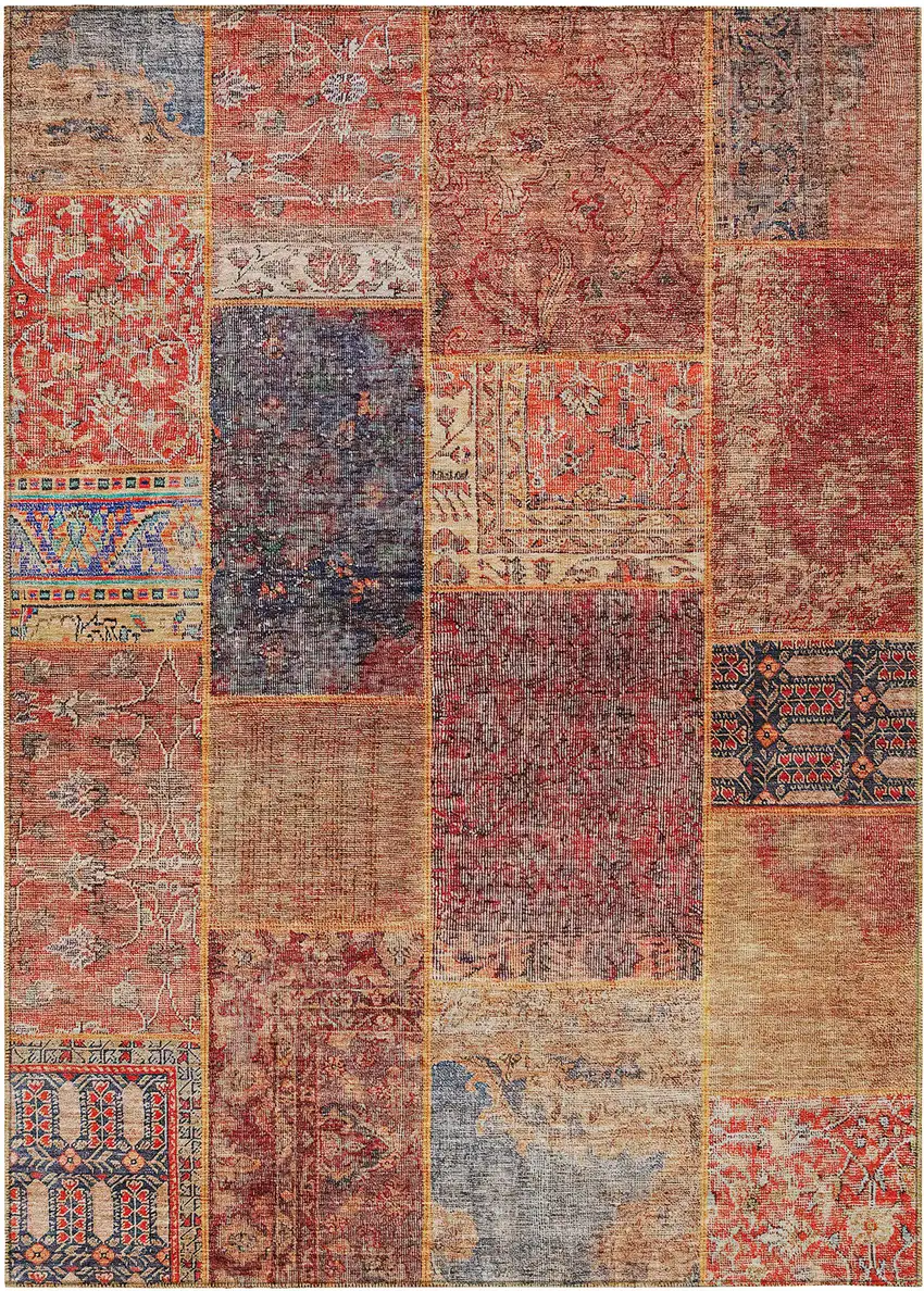 Red Orange And Blue Patchwork Washable Indoor Outdoor Area Rug Photo 2