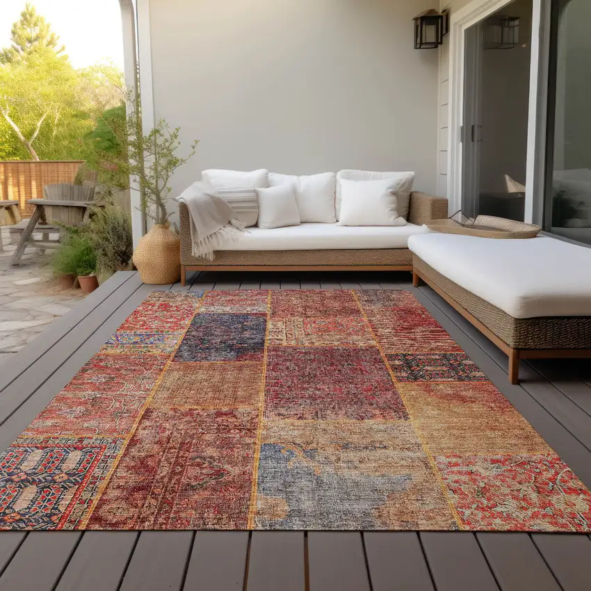 Red Orange And Blue Patchwork Washable Indoor Outdoor Area Rug Photo 9